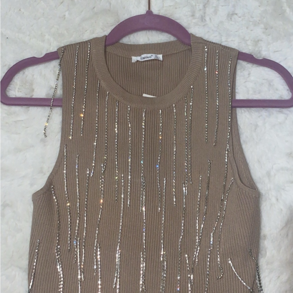Timing Brown Sequin Ribbed Muscle Tee